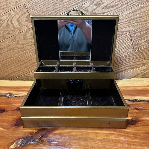 Vintage Gold Tone MCM MidCentury Musical Jewelry Box Lined Mirror Compartments - Picture 3 of 12